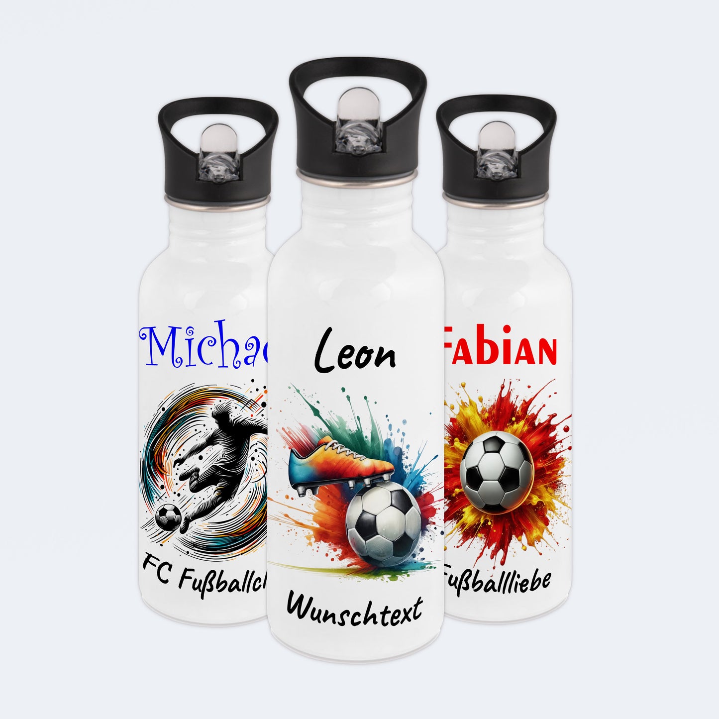 Trinkflasche mit Strohhalm in Weiß 600ml bedruckt mit Fußball Motiven"Motiv6" personalisierbar für Kinder mit Wunschname aus Edelstahl