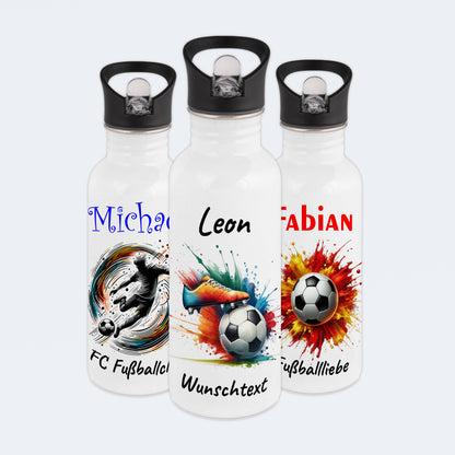 Trinkflasche mit Strohhalm in Weiß 600ml bedruckt mit Fußball Motiven"Motiv6" personalisierbar für Kinder mit Wunschname aus Edelstahl