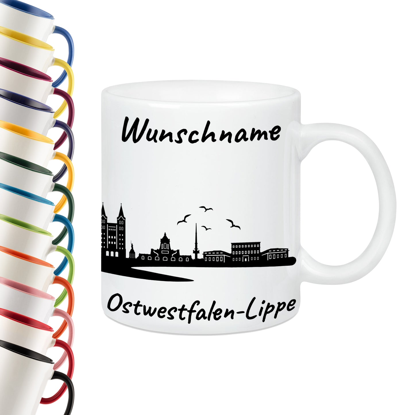 Tasse in Weiß 330ml bedruckt mit der Skyline von Ostwestfalen-Lippe personalisierbar mit Wunschname