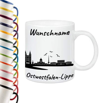 Tasse in Weiß 330ml bedruckt mit der Skyline von Ostwestfalen-Lippe personalisierbar mit Wunschname