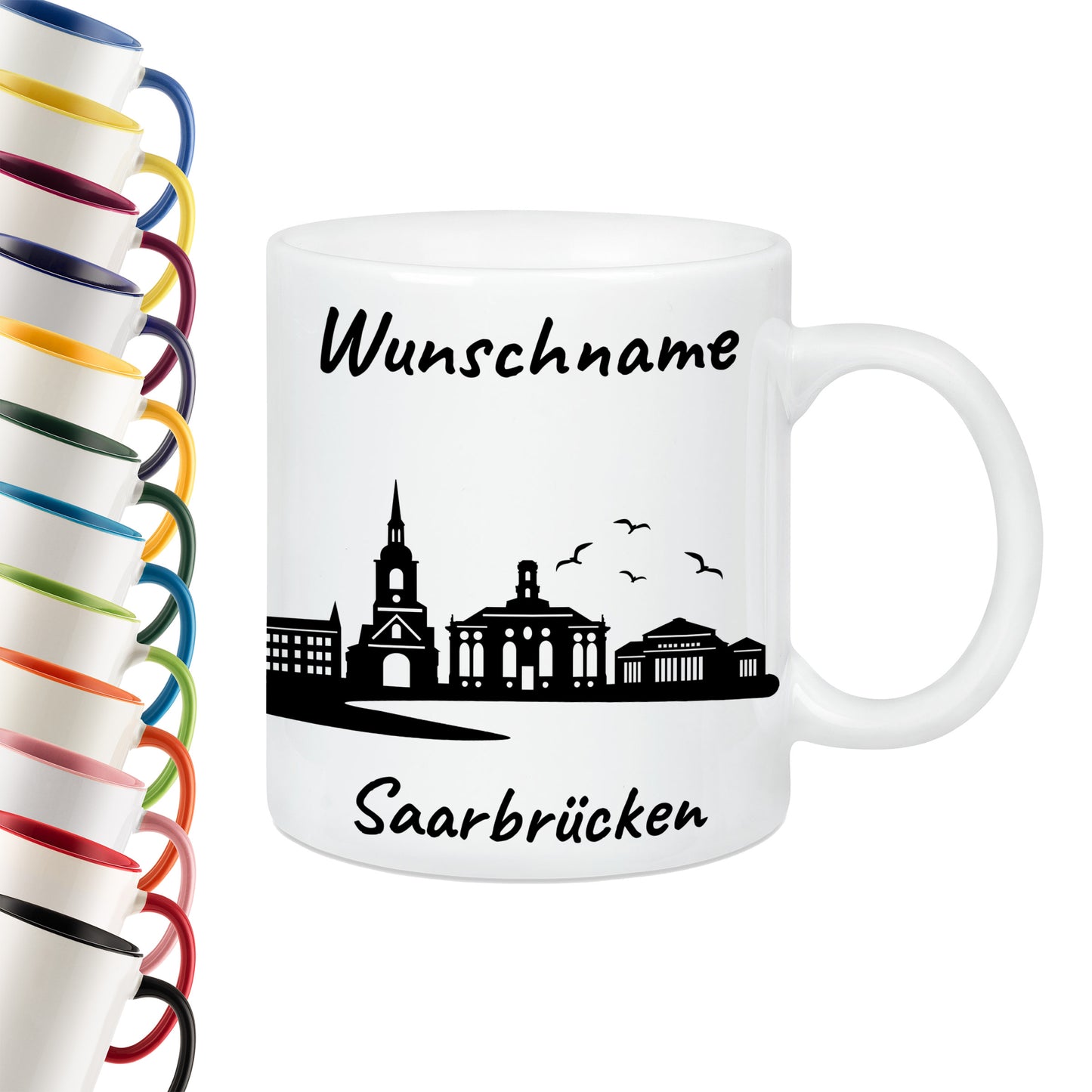 Tasse in Weiß 330ml bedruckt mit der Skyline von Saarbrücken personalisierbar mit Wunschname