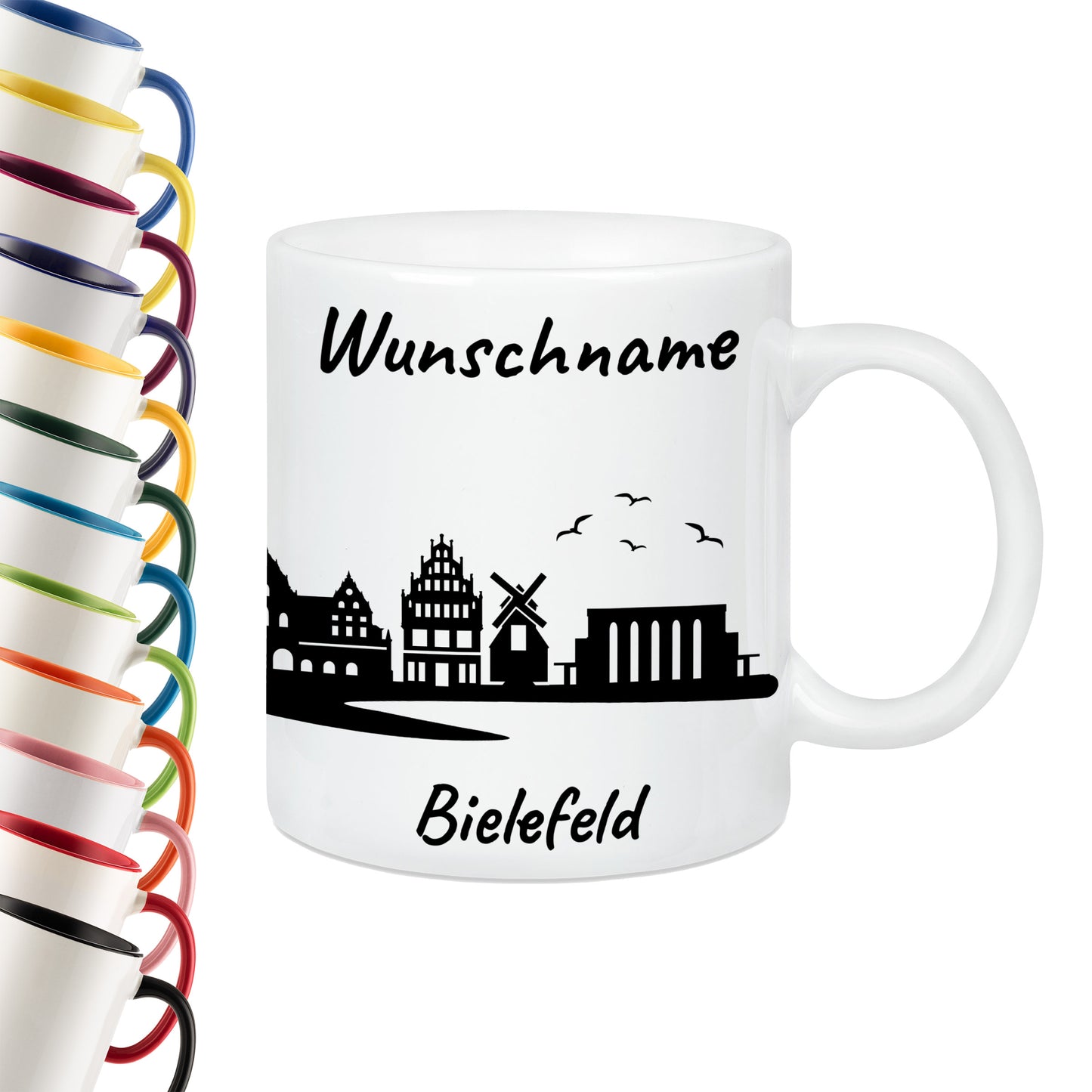 Tasse in Weiß 330ml bedruckt mit der Skyline von Bielefeld personalisierbar mit Wunschname