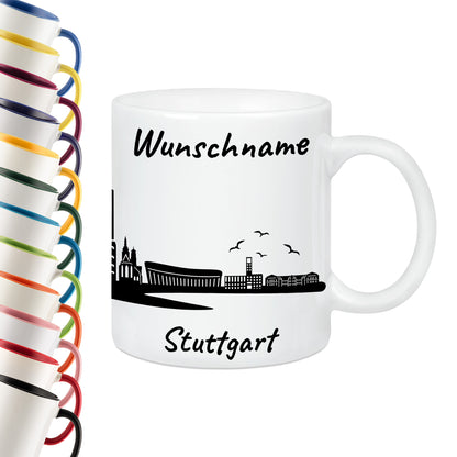 Tasse in Weiß 330ml bedruckt mit der Skyline von Stuttgart personalisierbar mit Wunschname