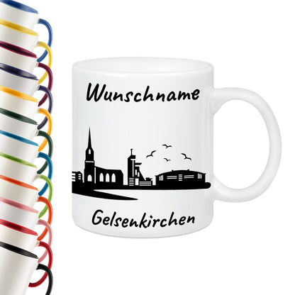 Tasse in Weiß 330ml bedruckt mit der Skyline von Gelsenkirchen personalisierbar mit Wunschname