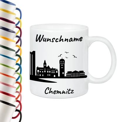 Tasse in Weiß 330ml bedruckt mit der Skyline von Chemnitz personalisierbar mit Wunschname