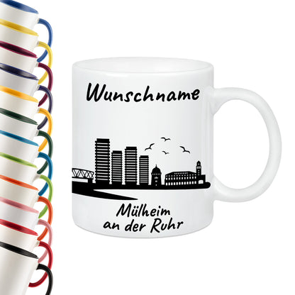 Tasse in Weiß 330ml bedruckt mit der Skyline von Mülheim an der Ruhr personalisierbar mit Wunschname