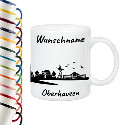 Tasse in Weiß 330ml bedruckt mit der Skyline von Oberhausen personalisierbar mit Wunschname