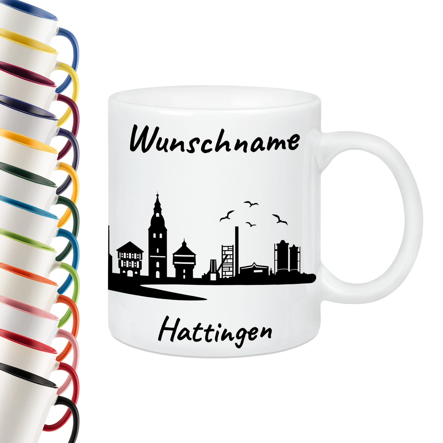 Tasse in Weiß 330ml bedruckt mit der Skyline von Hattingen personalisierbar mit Wunschname
