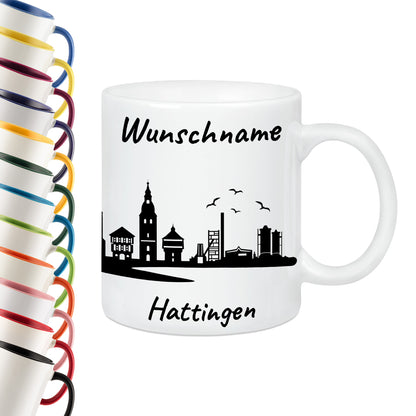 Tasse in Weiß 330ml bedruckt mit der Skyline von Hattingen personalisierbar mit Wunschname