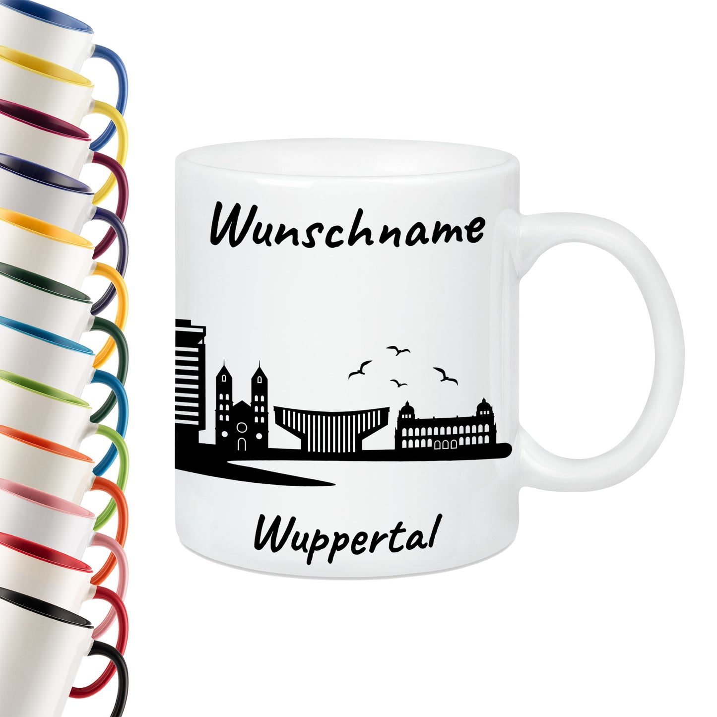 Tasse in Weiß 330ml bedruckt mit der Skyline von Wuppertal personalisierbar mit Wunschname