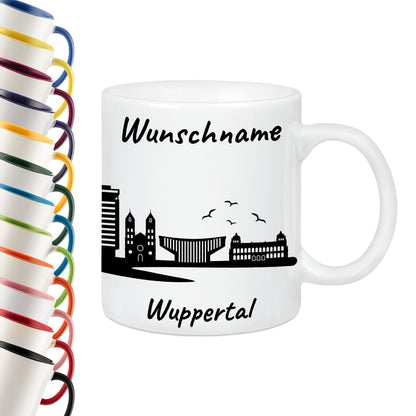 Tasse in Weiß 330ml bedruckt mit der Skyline von Wuppertal personalisierbar mit Wunschname