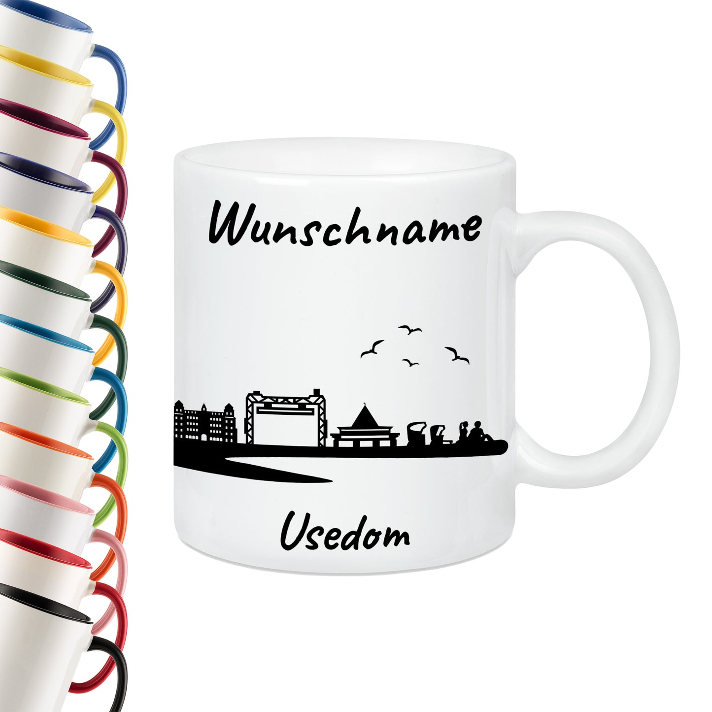 Tasse in Weiß 330ml bedruckt mit der Skyline von Usedom personalisierbar mit Wunschname