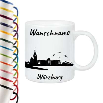 Tasse in Weiß 330ml bedruckt mit der Skyline von Würzburg personalisierbar mit Wunschname