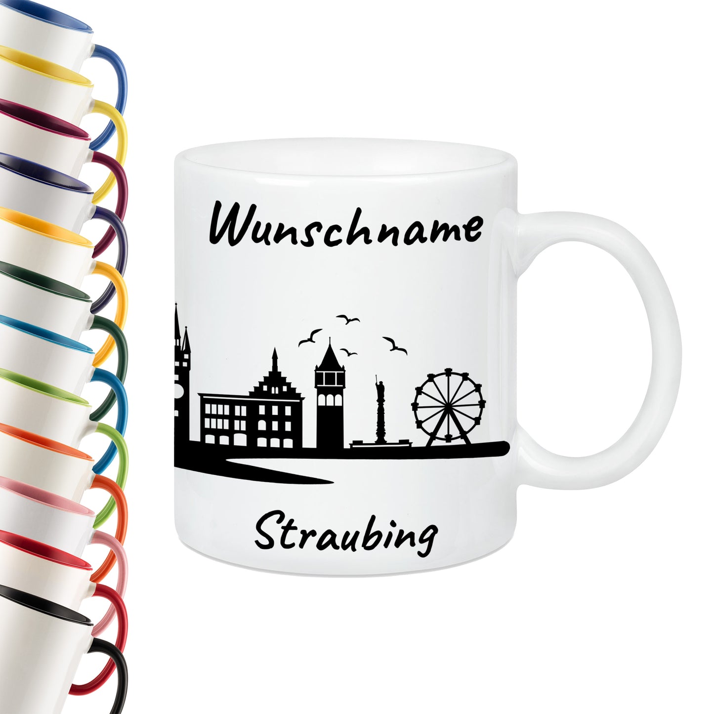 Tasse in Weiß 330ml bedruckt mit der Skyline von Straubing personalisierbar mit Wunschname
