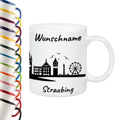 Tasse in Weiß 330ml bedruckt mit der Skyline von Straubing personalisierbar mit Wunschname