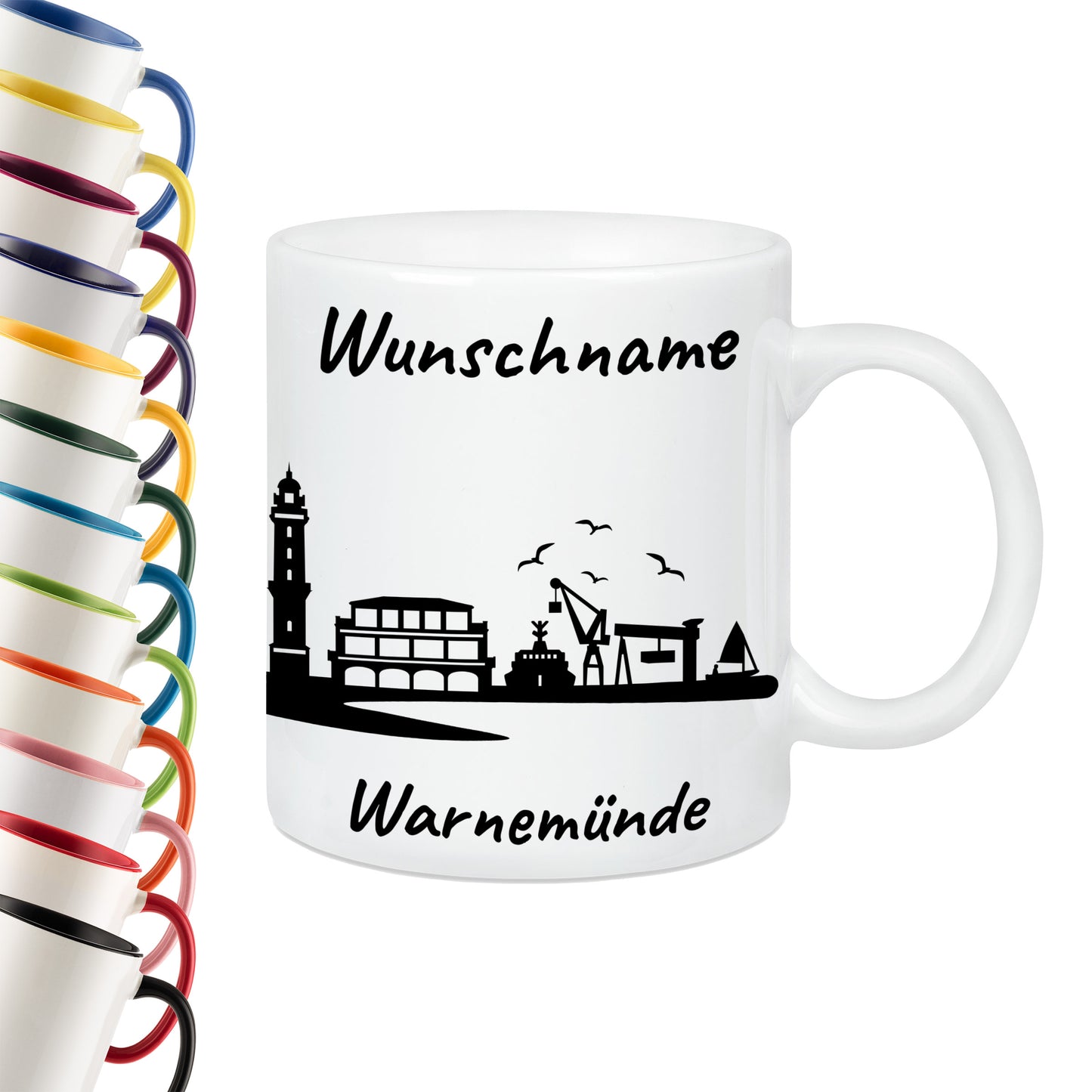 Tasse in Weiß 330ml bedruckt mit der Skyline von Warnemünde personalisierbar mit Wunschname