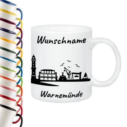 Tasse in Weiß 330ml bedruckt mit der Skyline von Warnemünde personalisierbar mit Wunschname
