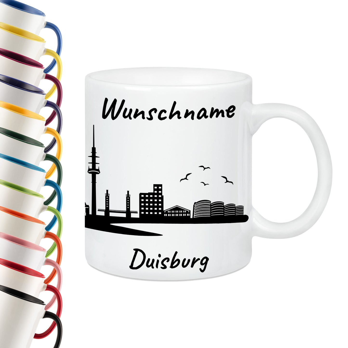 Tasse in Weiß 330ml bedruckt mit der Skyline von Duisburg personalisierbar mit Wunschname