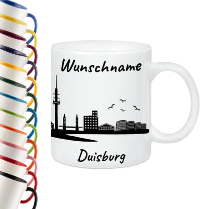 Tasse in Weiß 330ml bedruckt mit der Skyline von Duisburg personalisierbar mit Wunschname