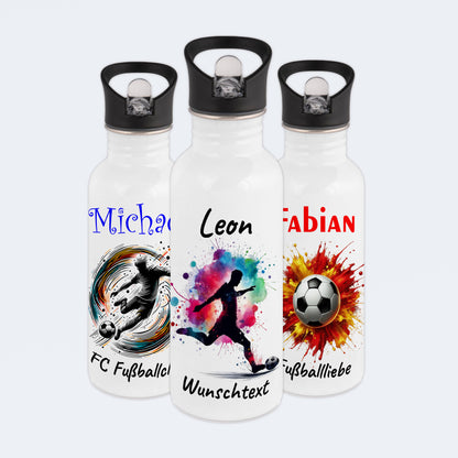 Trinkflasche mit Strohhalm in Weiß 600ml bedruckt mit Fußball Motiven"Motiv4" personalisierbar für Kinder mit Wunschname aus Edelstahl