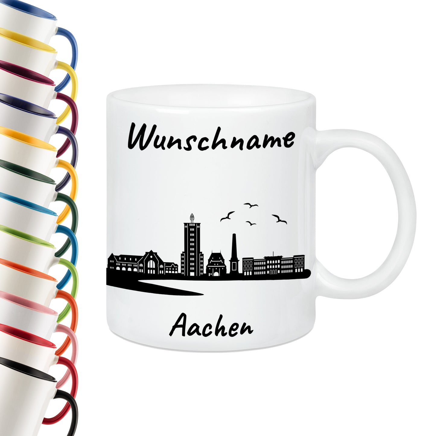 Tasse in Weiß 330ml bedruckt mit der Skyline von Aachen personalisierbar mit Wunschname