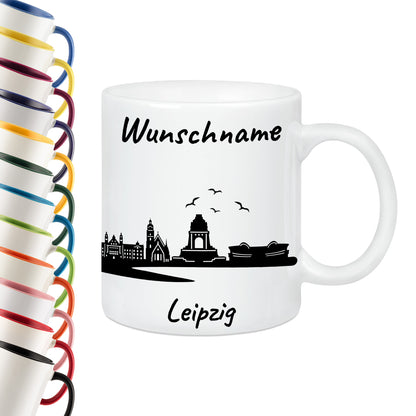 Tasse in Weiß 330ml bedruckt mit der Skyline von Leipzig personalisierbar mit Wunschname