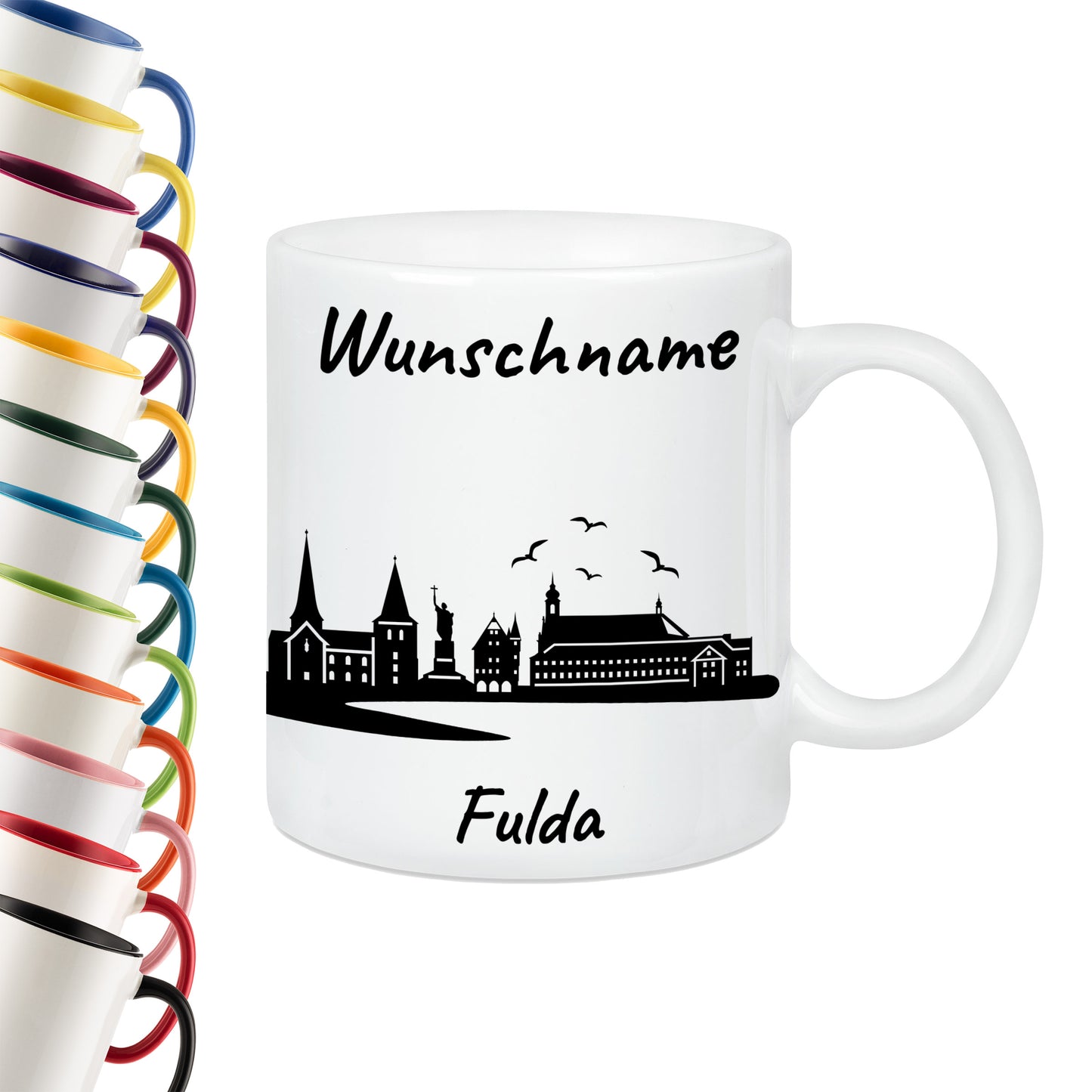 Tasse in Weiß 330ml bedruckt mit der Skyline von Fulda personalisierbar mit Wunschname