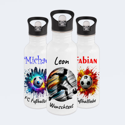 Trinkflasche mit Strohhalm in Weiß 600ml bedruckt mit Fußball Motiven"Motiv2" personalisierbar für Kinder mit Wunschname aus Edelstahl