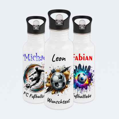 Trinkflasche mit Strohhalm in Weiß 600ml bedruckt mit Fußball Motiven"Motiv13" personalisierbar für Kinder mit Wunschname aus Edelstahl