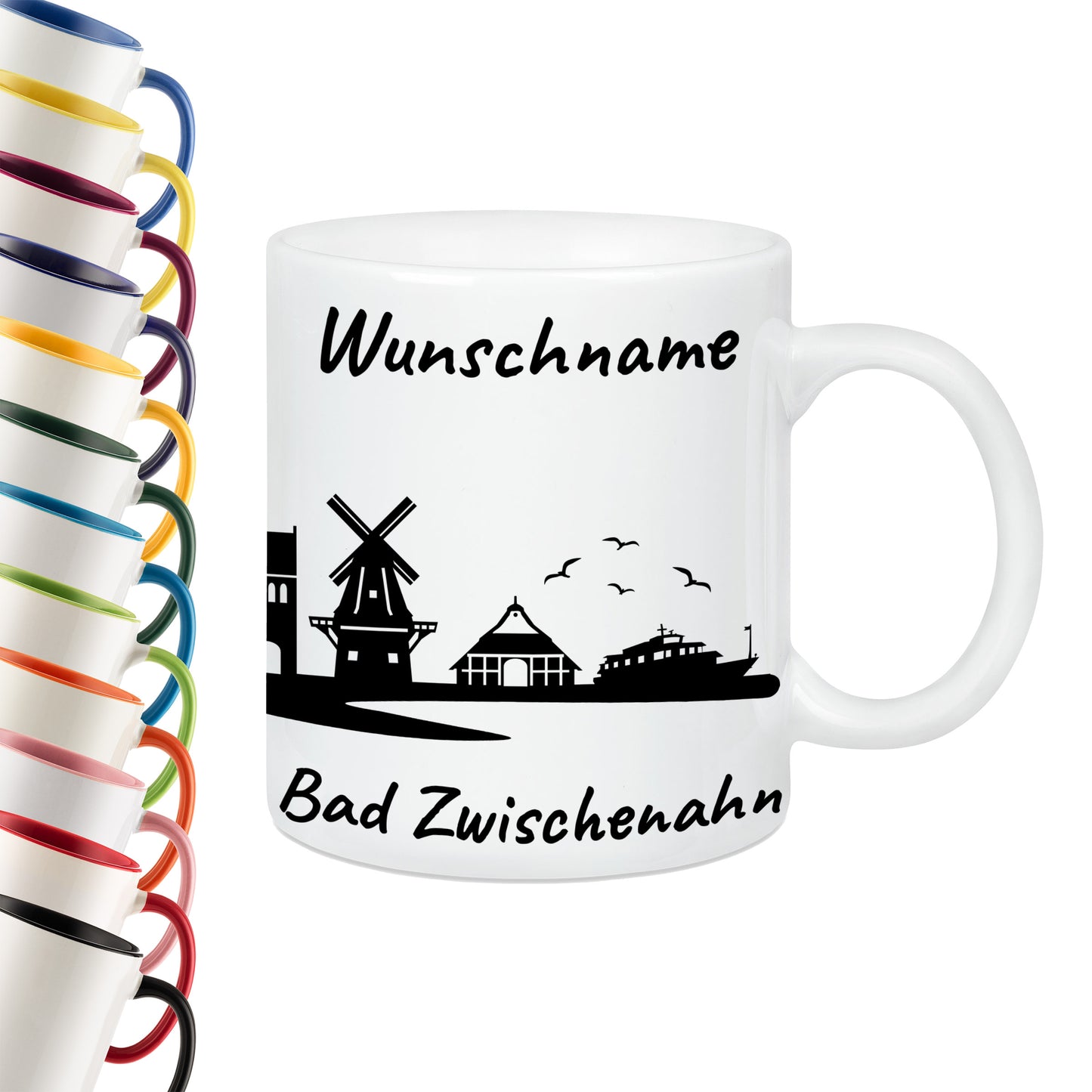 Tasse in Weiß 330ml bedruckt mit der Skyline von Bad Zwischenahn personalisierbar mit Wunschname