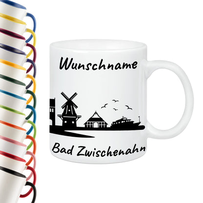 Tasse in Weiß 330ml bedruckt mit der Skyline von Bad Zwischenahn personalisierbar mit Wunschname