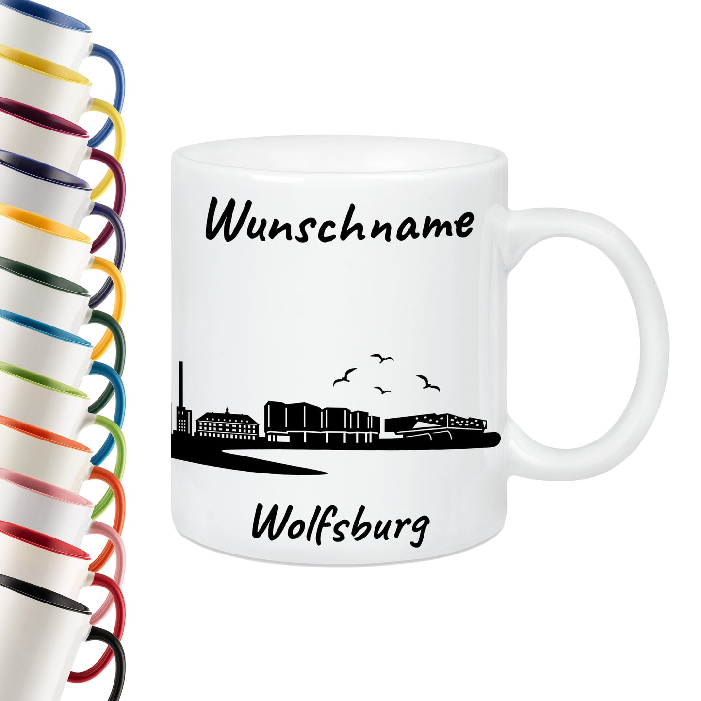 Tasse in Weiß 330ml bedruckt mit der Skyline von Wolfsburg personalisierbar mit Wunschname