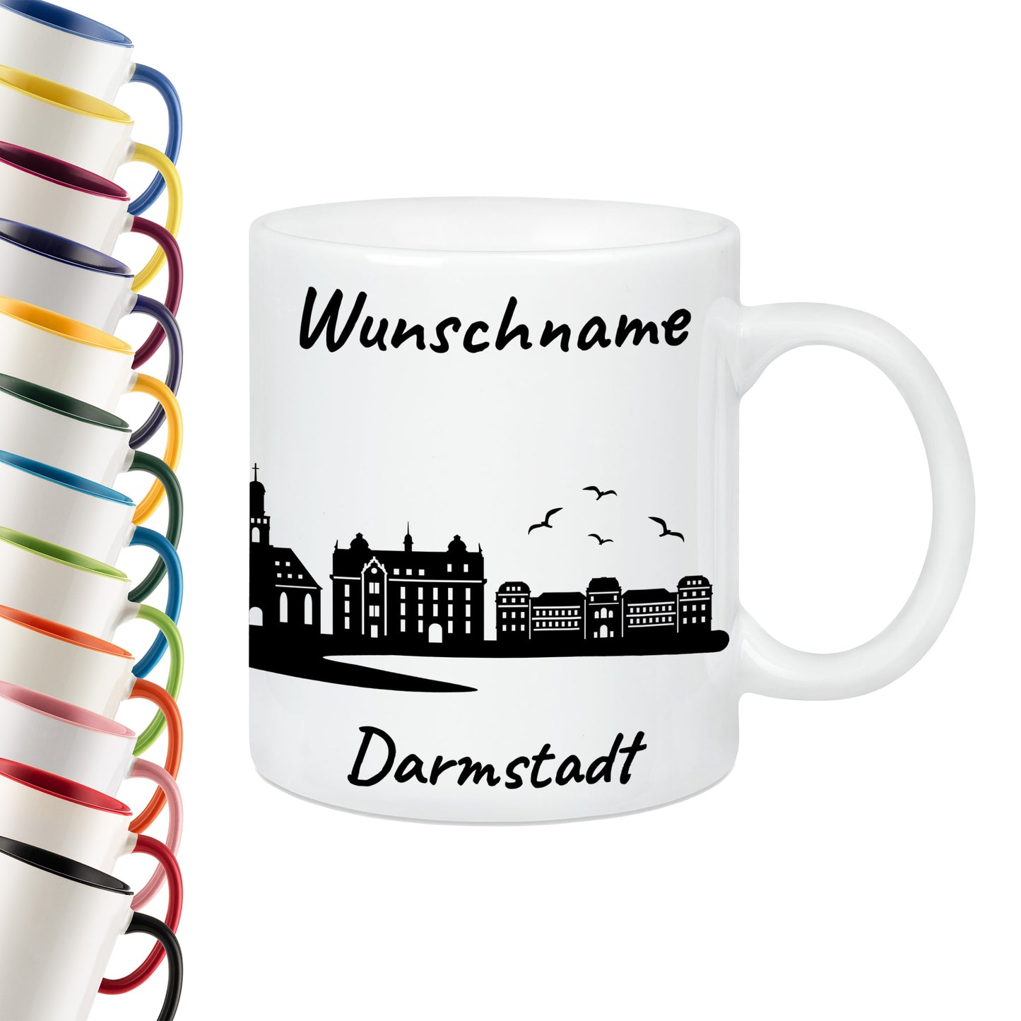 Tasse in Weiß 330ml bedruckt mit der Skyline von Darmstadt personalisierbar mit Wunschname