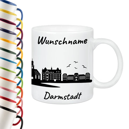 Tasse in Weiß 330ml bedruckt mit der Skyline von Darmstadt personalisierbar mit Wunschname