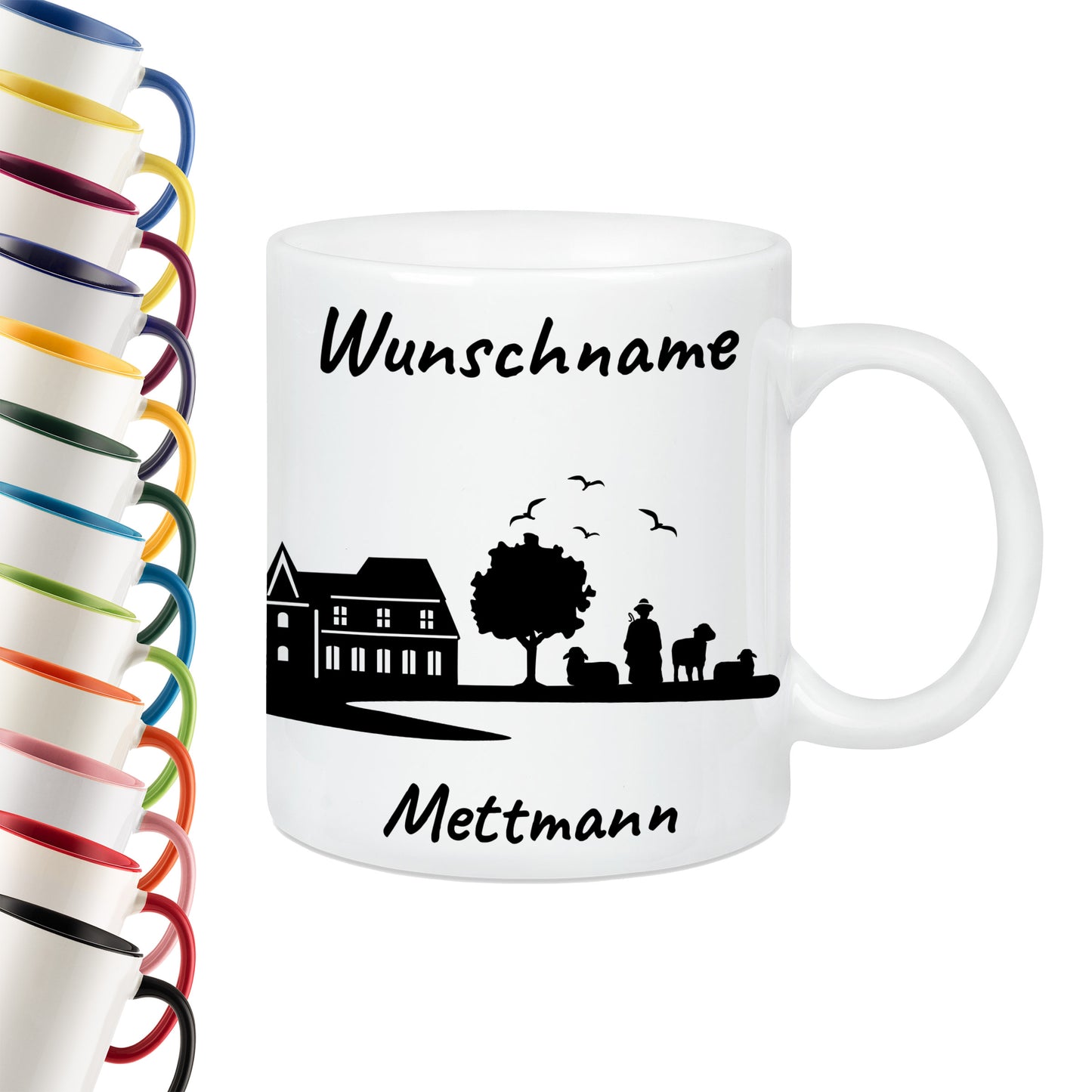 Tasse in Weiß 330ml bedruckt mit der Skyline von Mettmann personalisierbar mit Wunschname