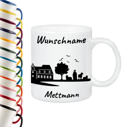 Tasse in Weiß 330ml bedruckt mit der Skyline von Mettmann personalisierbar mit Wunschname