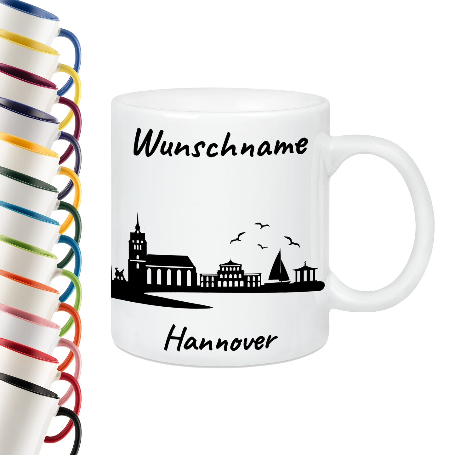 Tasse in Weiß 330ml bedruckt mit der Skyline von Hannover personalisierbar mit Wunschname