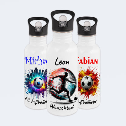 Trinkflasche mit Strohhalm in Weiß 600ml bedruckt mit Fußball Motiven"Motiv3" personalisierbar für Kinder mit Wunschname aus Edelstahl