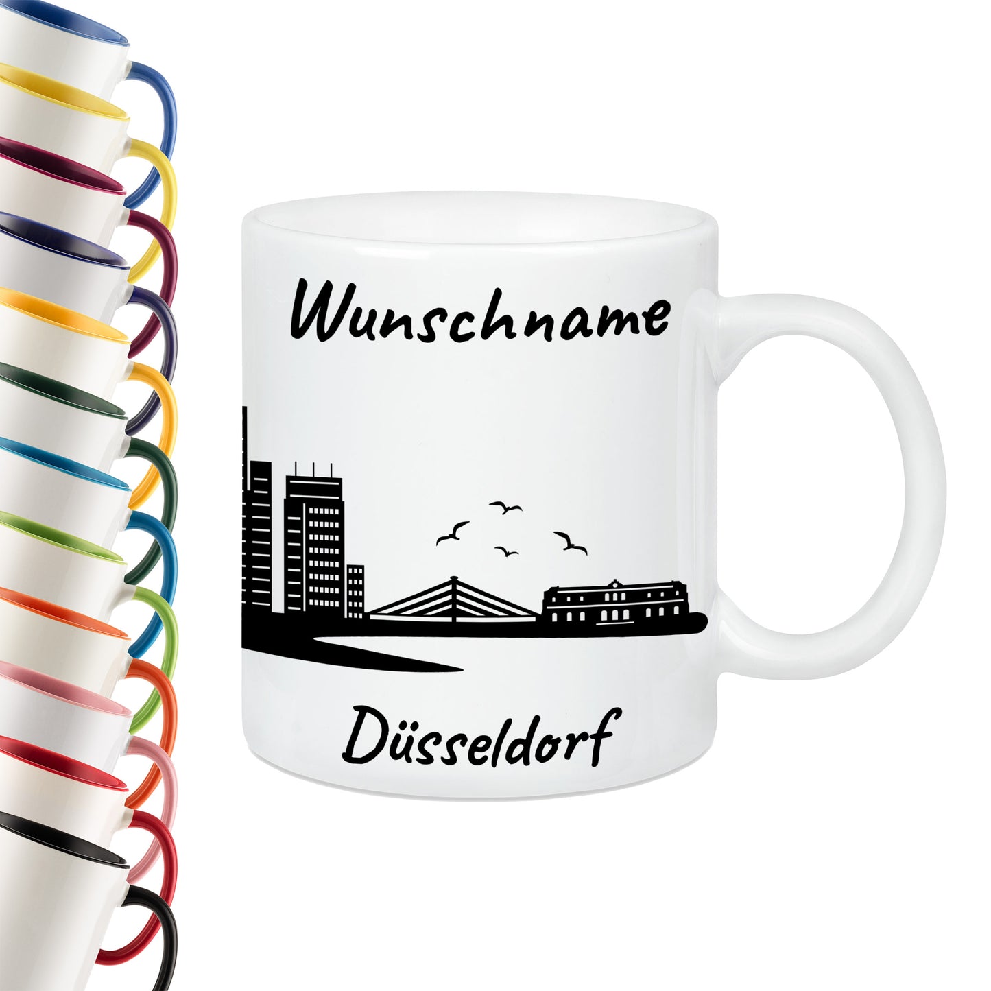 Tasse in Weiß 330ml bedruckt mit der Skyline von Düsseldorf personalisierbar mit Wunschname