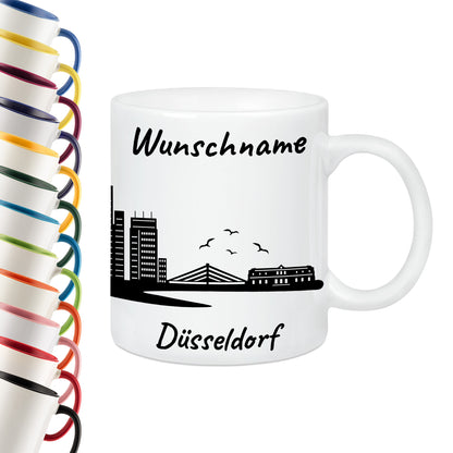 Tasse in Weiß 330ml bedruckt mit der Skyline von Düsseldorf personalisierbar mit Wunschname