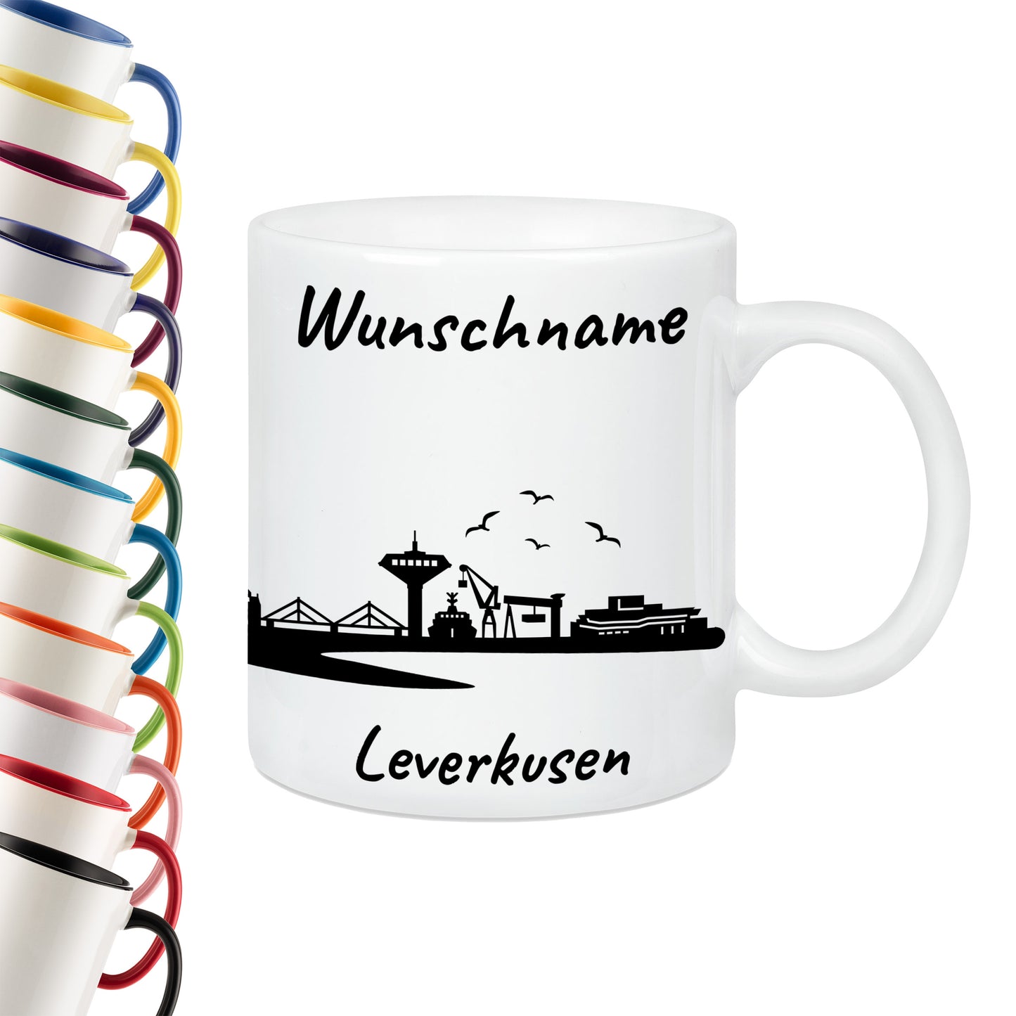 Tasse in Weiß 330ml bedruckt mit der Skyline von Leverkusen personalisierbar mit Wunschname