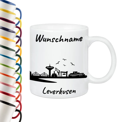 Tasse in Weiß 330ml bedruckt mit der Skyline von Leverkusen personalisierbar mit Wunschname