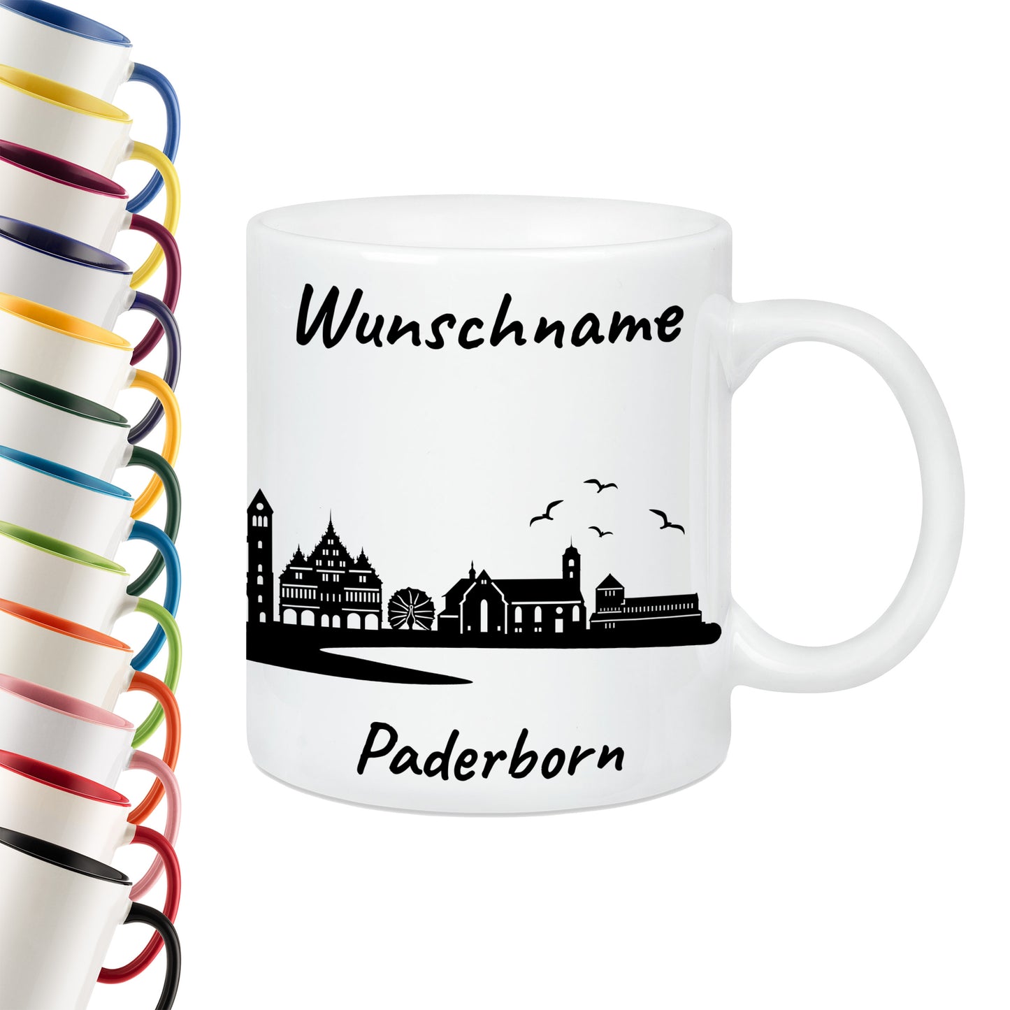 Tasse in Weiß 330ml bedruckt mit der Skyline von Paderborn personalisierbar mit Wunschname