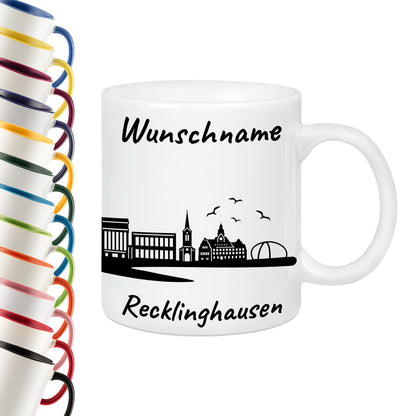 Tasse in Weiß 330ml bedruckt mit der Skyline von Recklinghausen personalisierbar mit Wunschname