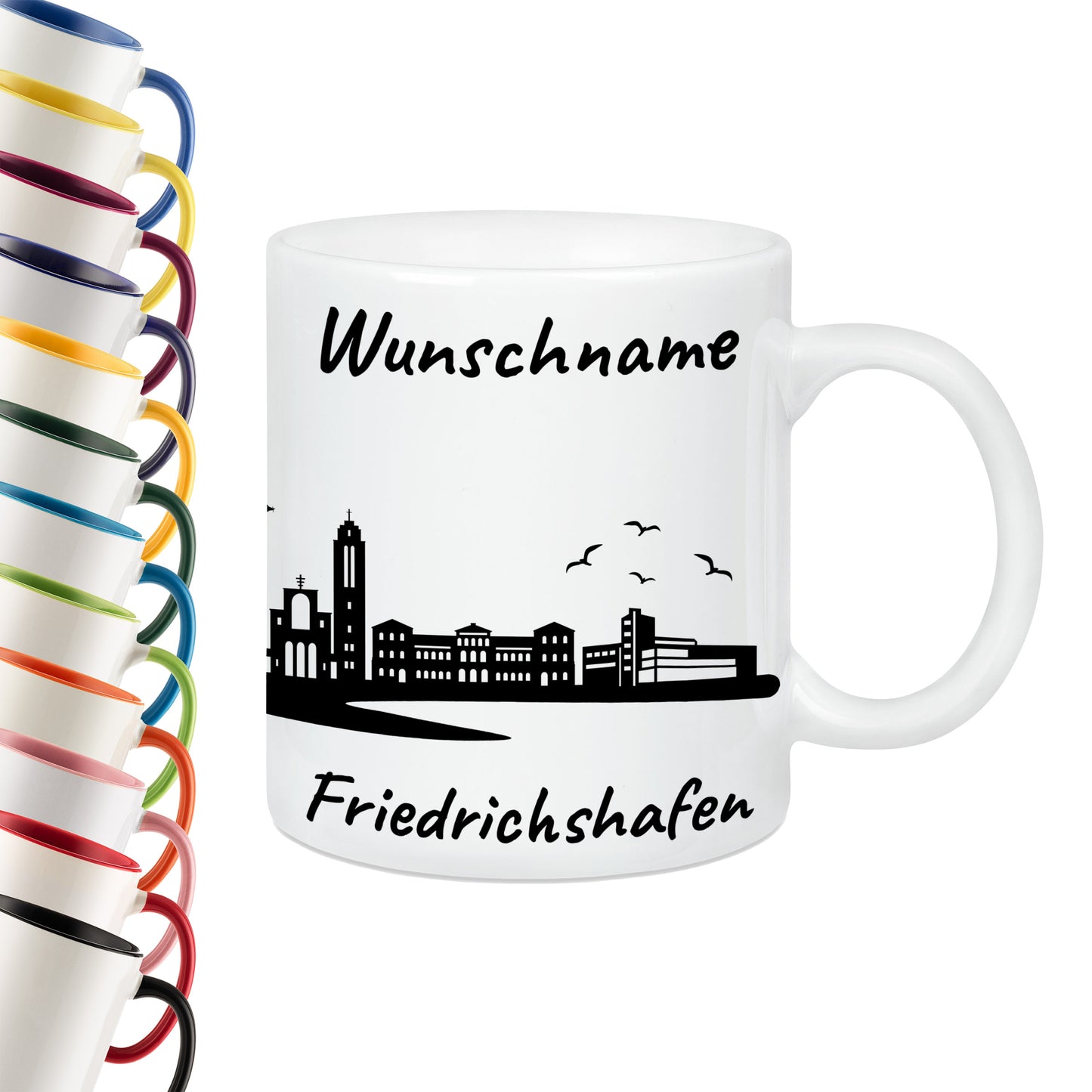 Tasse in Weiß 330ml bedruckt mit der Skyline von Friedrichshafen personalisierbar mit Wunschname