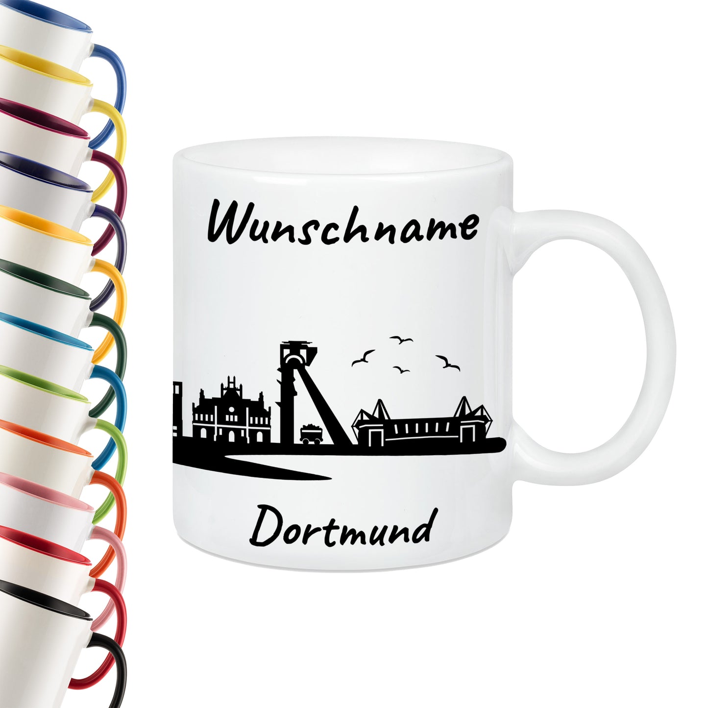 Tasse in Weiß 330ml bedruckt mit der Skyline von Dortmund personalisierbar mit Wunschname