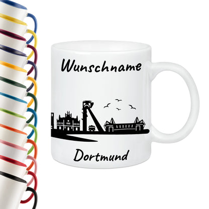 Tasse in Weiß 330ml bedruckt mit der Skyline von Dortmund personalisierbar mit Wunschname