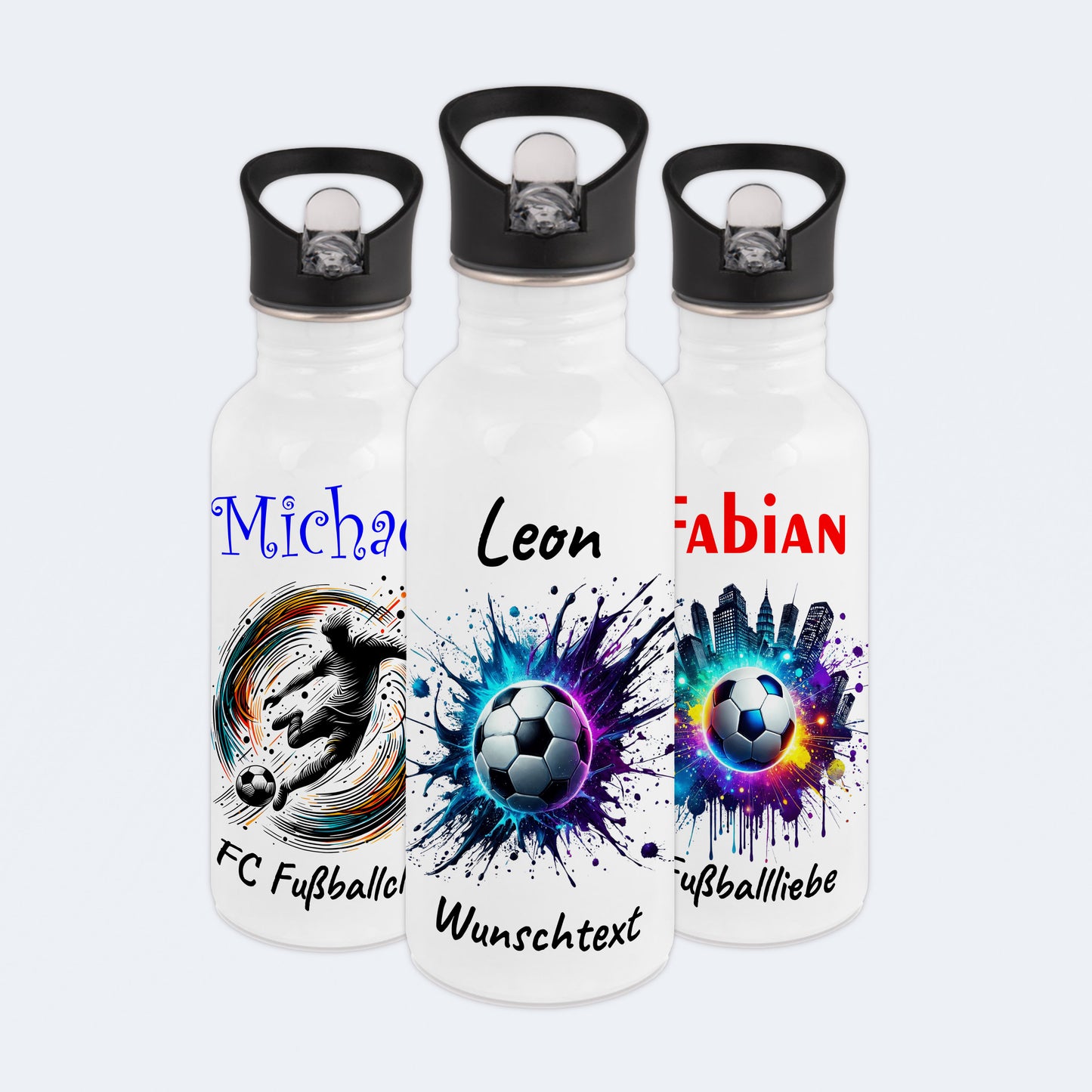 Trinkflasche mit Strohhalm in Weiß 600ml bedruckt mit Fußball Motiven"Motiv10" personalisierbar für Kinder mit Wunschname aus Edelstahl