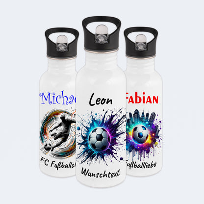 Trinkflasche mit Strohhalm in Weiß 600ml bedruckt mit Fußball Motiven"Motiv10" personalisierbar für Kinder mit Wunschname aus Edelstahl