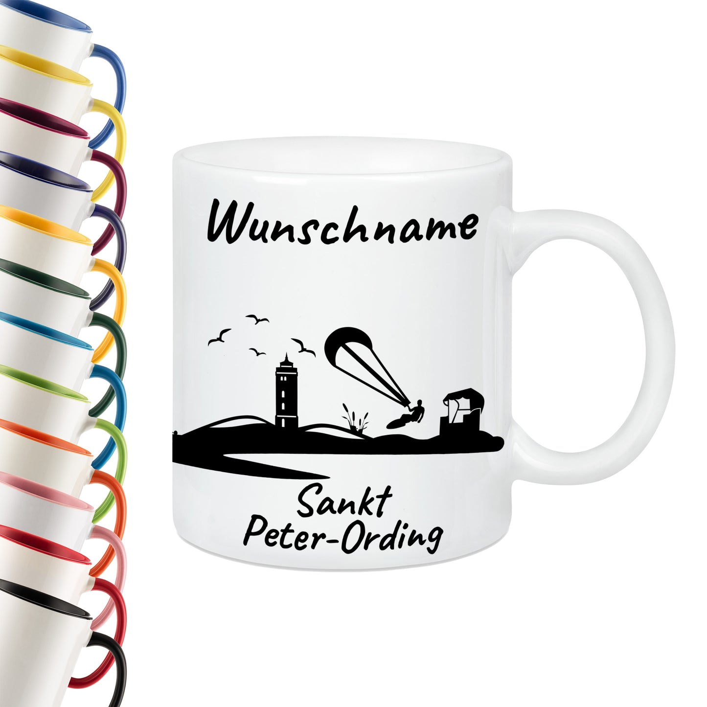 Tasse in Weiß 330ml bedruckt mit der Skyline von Sankt Peter-Ording personalisierbar mit Wunschname